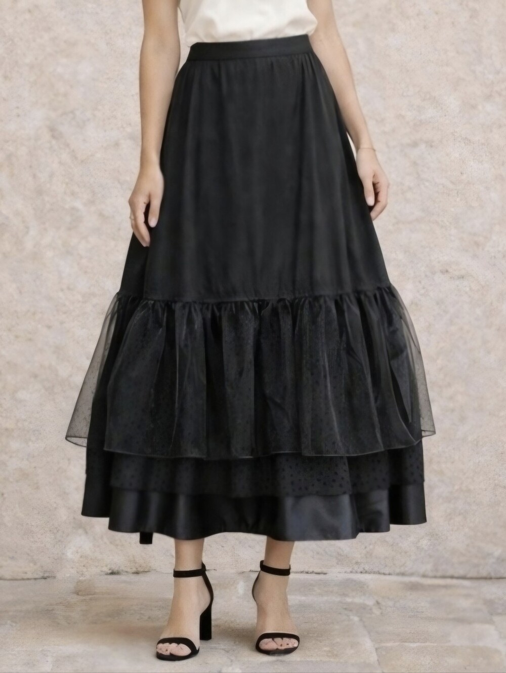 Lord & Taylor Black Tiered Tulle Midi Skirt Size 12 Romantic Elegant Statement